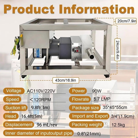 Adjustable Speed Industrial Honey Pump For Thick Liquids 6 To 10 L Per Minute, 90W Electric Food Grade Gear And CAM Rotor Pump With Pipe, Handles 800 To 4000 cP Viscosity, Up To 8 Kg Per Minute Honey Transfer, stainless steel frame, 43x24x20 cm