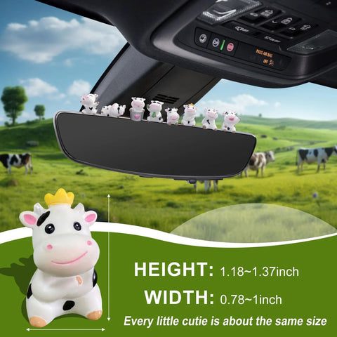 8-piece cow dashboard ornaments for cars; white plastic cows with pink ears on the dashboard near the rearview mirror