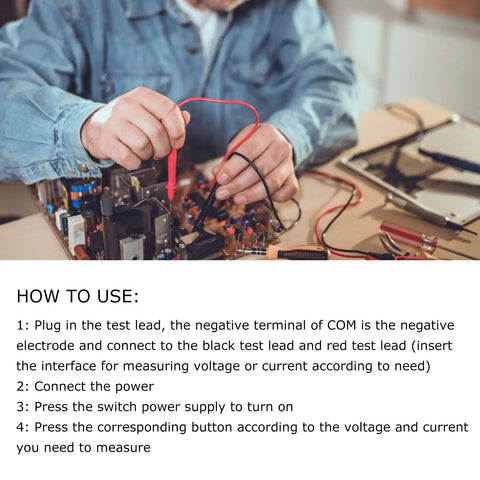 Hands using desktop digital multimeter with 3.7 inch LCD and True RMS temperature tester, measuring voltage in a circuit board.