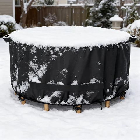 Round Outdoor Table And Chair Set Cover Fits 48 Inch Diameter By 28 Inch High Beefy Built 420D Waterproof UV Resistant Windproof Dustproof Black Patio Furniture Cover in snow.