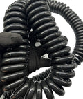 Heavy Duty Coiled Extension Cord With Sweet Spiral Design That Stretches Far And Snaps Right Back For Garage Or Tailgate Use featuring thick black coils in a hand.