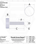 Number Eight Thirty Two By Three Quarter Inch Stainless Steel Thumb Screws With Black Knurled Round Knobs dimensions and specifications diagram