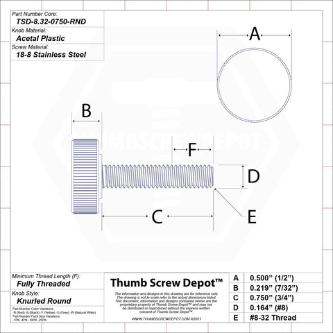 Number Eight Thirty Two By Three Quarter Inch Stainless Steel Thumb Screws With Black Knurled Round Knobs dimensions and specifications diagram