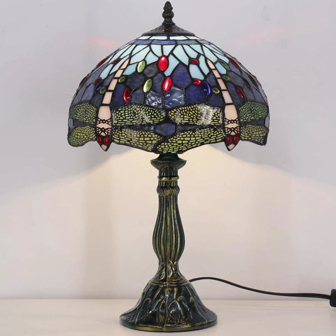 Blue Tiffany Style Dragonfly Stained Glass Table Lamp Dope Light For Bedroom Or Living Room 12 Inch Shade 18 Inch Tall