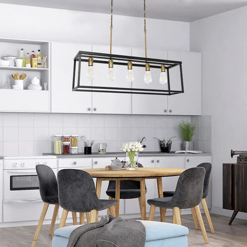 Dope Industrial Modern Farmhouse Kitchen Island Light Chandelier In Black And Brass 5-Light Rectangular Bar Pendant in kitchen
