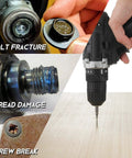 Images showing bolt fracture, thread damage, and screw break repaired using the Six Piece Screw Extractor Set For Damaged And Stripped Screws Handyman Favorite Do It Yourself Tool Kit Includes Bolt Remover Works With Any Drill Sweet Gift For Men And Women.