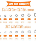 All In One 276 Piece Metric Hex Nut And Washer Kit With Seven Sizes M3 M4 M5 M6 M8 M10 M12 In 304 Stainless Steel displayed by size