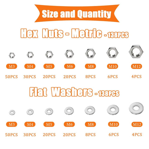 All In One 276 Piece Metric Hex Nut And Washer Kit With Seven Sizes M3 M4 M5 M6 M8 M10 M12 In 304 Stainless Steel displayed by size