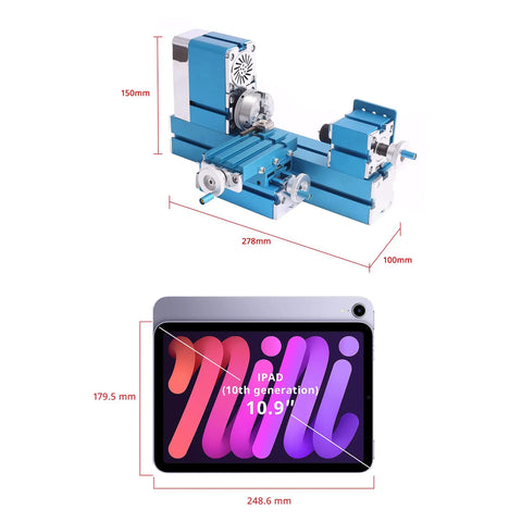 Top Shelf Compact Mini Metal Lathe Motorized Benchtop Milling System with dimensions 278mm x 100mm x 150mm for precision crafting.