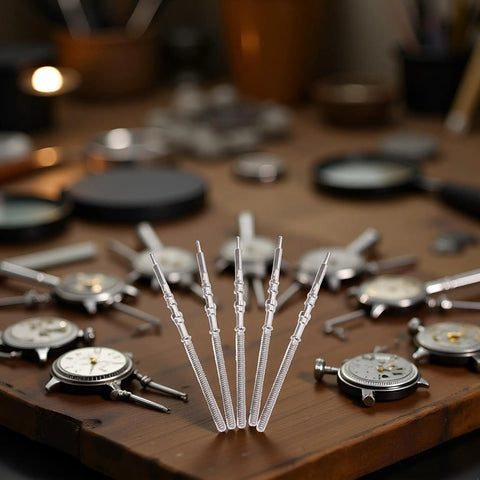 Five Piece Silver Steel Watch Stem Crown Kit For NH35 NH36 NH38 NH39 Movements on a wooden table with watch tools