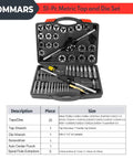 51-Piece Jumbo Metric Tap And Die Set M6 To M24 With T Handle Tap Wrench And Die Wrench Kit open view with components shown
