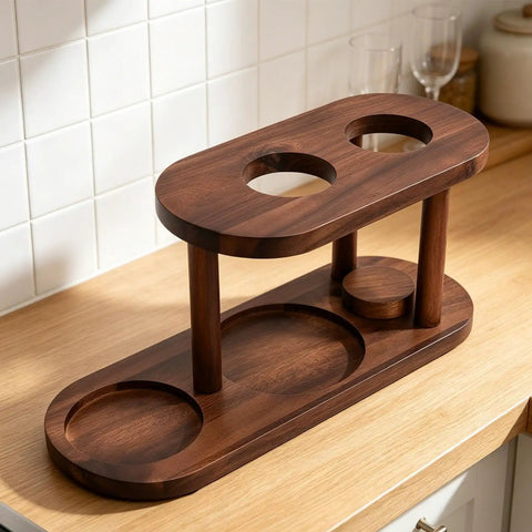 Handcrafted Solid Wood Pour Over Coffee Station Stand With Elevated Dripper Holder And Roomy Storage Base On Wooden Countertop