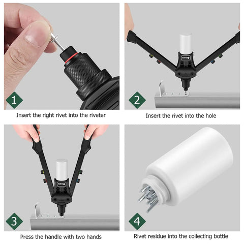 Beefy Heavy Duty 1/4 Inch Rivet Gun Kit with 200 Blind Rivets, 5 Nosepieces, showing insertion and operation steps