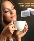 Woman enjoying coffee with 12 Pack Charcoal Coffee Maker Water Filters Replacement Set That Boosts Flavor And Purity Keeps Your Brew Tasty And Clean.