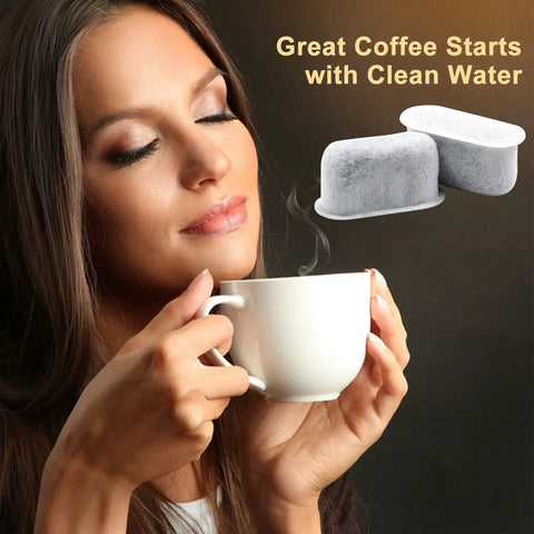 Woman enjoying coffee with 12 Pack Charcoal Coffee Maker Water Filters Replacement Set That Boosts Flavor And Purity Keeps Your Brew Tasty And Clean.
