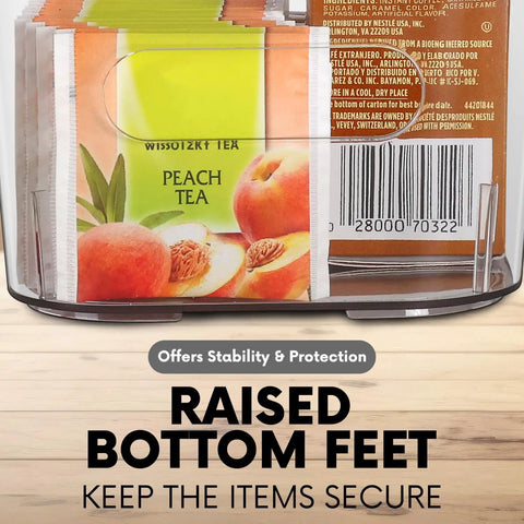 Premium Clear Plastic Storage Bins Are A Total Game Changer For Pantry Reset And Kitchen Cabinet Organization Super Handy Heavy Duty Totes With Lock Tight Covers For Refrigerator Freezer Drawers holding tea packets in a bin.