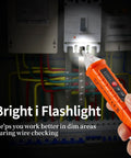 Two Pack Non Contact Voltage Tester With Live Wire Alarm And Bright LED Light, Buzzer And Flashlight, Wire Breakpoint Finder, Detects 12V To 1000V AC, Great For Home DIY And Pro Electric Work, Orange And Red held at breaker panel, flashlight on