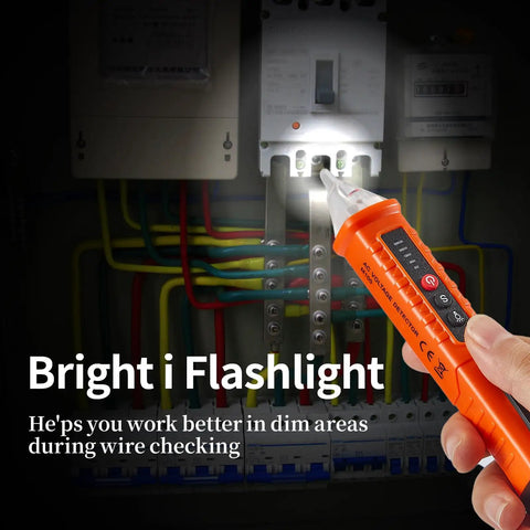 Two Pack Non Contact Voltage Tester With Live Wire Alarm And Bright LED Light, Buzzer And Flashlight, Wire Breakpoint Finder, Detects 12V To 1000V AC, Great For Home DIY And Pro Electric Work, Orange And Red held at breaker panel, flashlight on