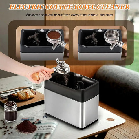 Image of Electric Espresso Knock Box With Automatic Portafilter Cleaner And Coffee Grounds Disposal Station, sleek design for easy coffee use.