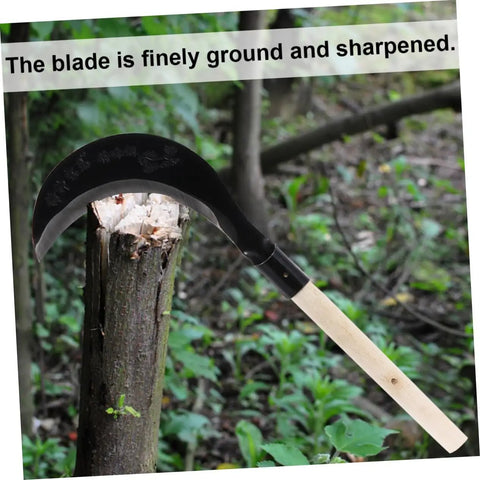 Hand Scythe Weeder Tool For Gardening And Grass Trimming Manganese Steel Blade resting on a cut tree stump in a forest