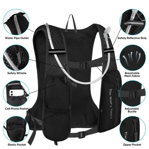 Back view of Ultra Lightweight Hydration Vest 5L Water Backpack with 2L BPA Free Bladder, highlighting pockets and mesh fabric.