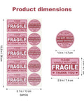 Hot Pink Fragile Stickers For Shipping Do Not Bend Do Not Crush Handle With Care Labels showing dimensions and design.