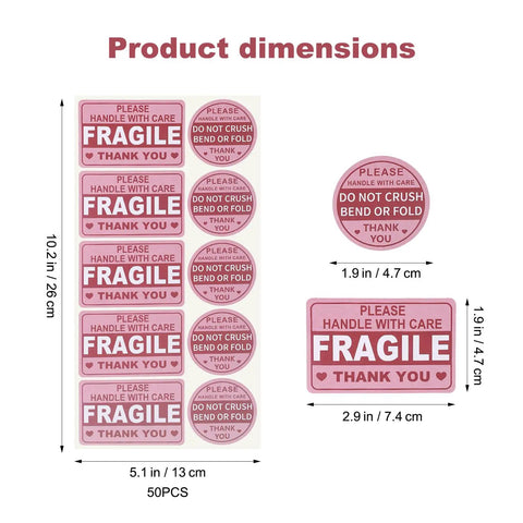 Hot Pink Fragile Stickers For Shipping Do Not Bend Do Not Crush Handle With Care Labels showing dimensions and design.
