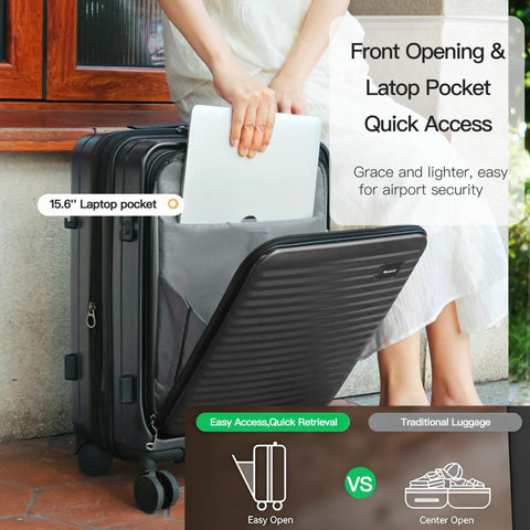 Person placing laptop in front pocket of carry on luggage that fits overhead 20 inch expandable hardside polycarbonate case with spinner wheels TSA lock airline approved lightweight 37.7L capacity expands to 41.8L front pocket for easy packing.