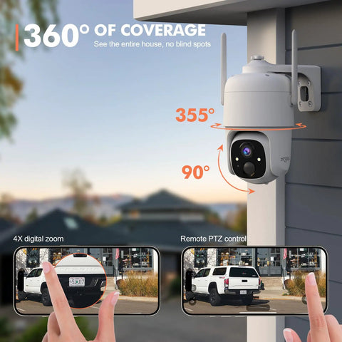 360 PTZ Outdoor WiFi Security Camera With 2K Video, Spotlight And Siren mounted on house, showcasing 355 pan and digital zoom feature.