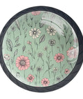 4 Pack Cute Vintage Pink Flower And Leaf Round Cabinet Knobs With Sage Green Backdrop, front view of floral design knob