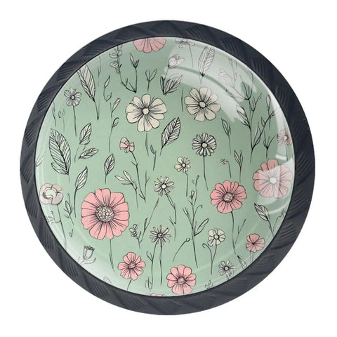 4 Pack Cute Vintage Pink Flower And Leaf Round Cabinet Knobs With Sage Green Backdrop, front view of floral design knob