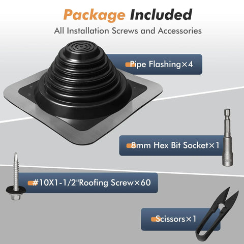 Heavy Duty EPDM Flexible Roof Vent Flashing Boots Kit Zero Hassle Seal For Pipes Quarter To Five Inches includes pipe flashing, screws, and scissors.