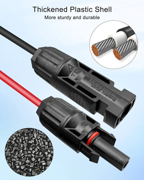 Close-up of Solar Extension Cable Weatherproof Entry Gland Junction Box With Female And Male Connector Adapter 10 Ft 10 AWG showing connectors and cable.