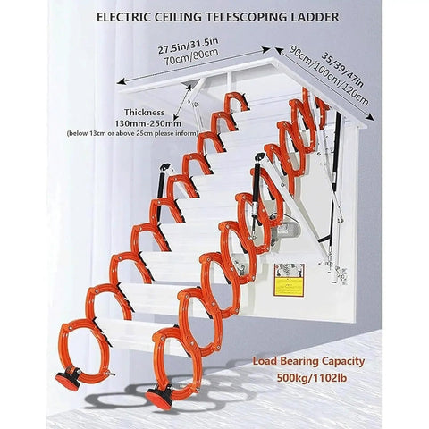 Premium Telescoping Attic Ladder With Folding Loft Stairs And Electric Ceiling Mount Steps showing dimensions and capacity for safe use.