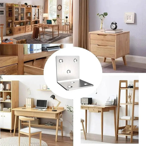 Thickened Stainless Steel L Shaped Corner Brackets Built Tough For Furniture Assembly with rustic wooden furniture.