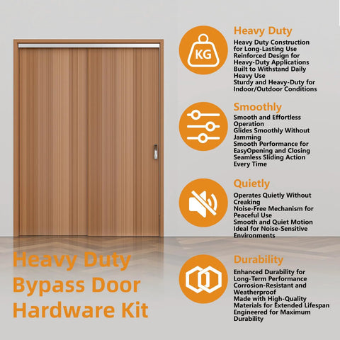 6 Foot Aluminum Bypass Sliding Door Hardware Kit For Two Doors With Finger Pulls Quiet Smooth Rollers Track Set In Silver Finish Fits Doors 1 3 8 To 1 3 4 Inches Thick Supports Up To 150 Lbs Ideal For Closets And Room Dividers shown installed with features text overlay