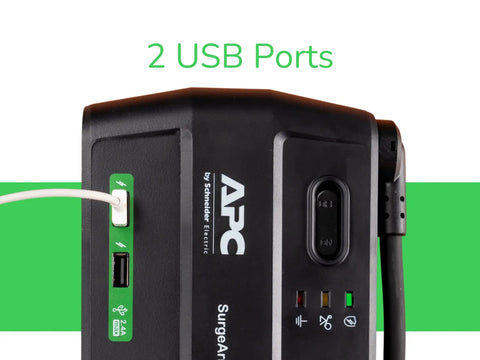 Close-up of 8 Outlet Power Strip With USB Charging Ports And 2630 Joules Surge Protector Flat Plug showing 2 USB 2.4A ports