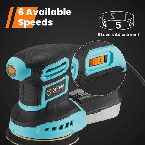 Powerful 360W 6 Speed Orbit Sander Kit with 5 Inch Random Orbital Sander showing speed adjustment feature for woodworking finishes