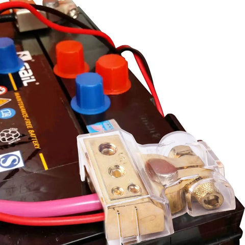 Beefed-Up Heavy Duty Battery Terminal Connectors for Car Marine Truck and Motorcycle attached to battery, clear cover visible.