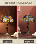 Crystal Square Tiffany Style Stained Glass Table Lamp 16 Inch Wide Handcrafted Desk Light for Living Room Bedroom Office Bedside With Two LED Bulbs Included Classic Vibe and Cozy Glow shown with light on and off