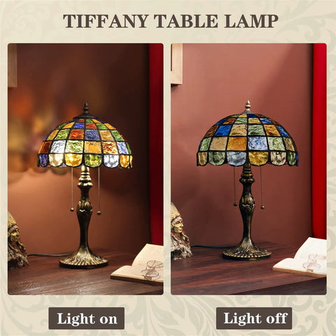 Crystal Square Tiffany Style Stained Glass Table Lamp 16 Inch Wide Handcrafted Desk Light for Living Room Bedroom Office Bedside With Two LED Bulbs Included Classic Vibe and Cozy Glow shown with light on and off