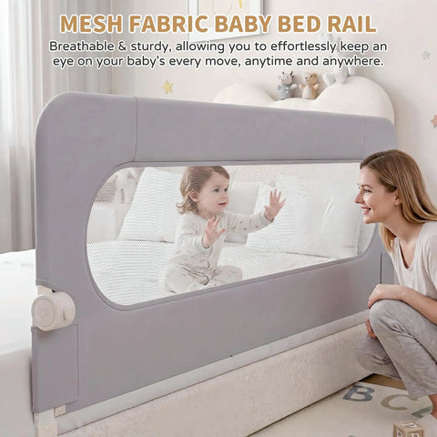 Toddler Bed Rail Guard, 47 Inch Foldable, showing mother watching baby through mesh window, carbon steel frame visible
