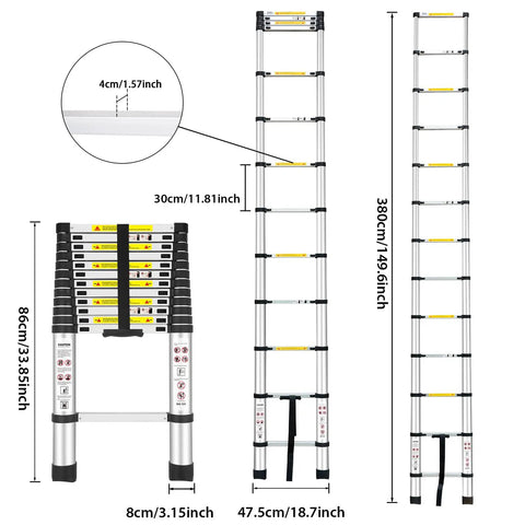 Telescoping Aluminum Extension Ladder 12.5 Foot Reach EN131 Standard for RV Attics Outdoor Work and Home Use Everyday Handy Up to 330 Pounds Portable Space Saving Design