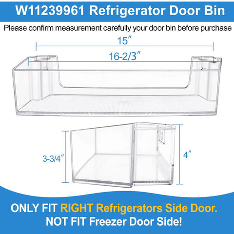 Right Side Refrigerator Door Shelf Replacement Bin For Whirlpool, 16.66 Inch Long By 4 Inch Wide By 6.87 Inch High, clear plastic bin