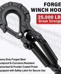 Forged hook on Beefed Up Synthetic Winch Rope Kit For ATVs And UTVs Off Road One Quarter Inch By Fifty Feet With Ten Thousand Pounds Breaking Strength