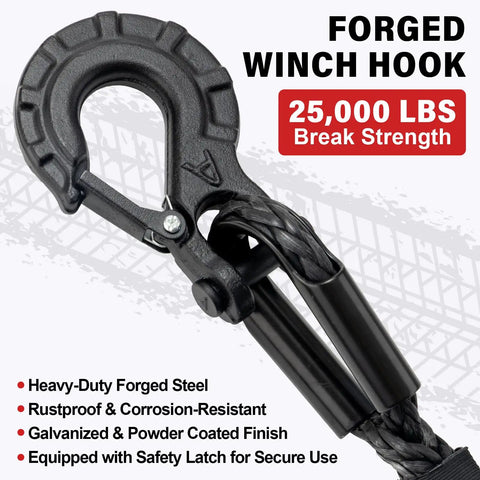 Forged hook on Beefed Up Synthetic Winch Rope Kit For ATVs And UTVs Off Road One Quarter Inch By Fifty Feet With Ten Thousand Pounds Breaking Strength
