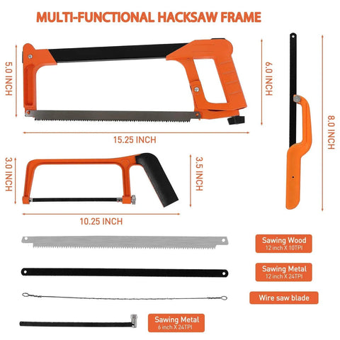 Hacksaw Set With 12 Inch Steel Frame Replaceable Blades And Metal Miter Guide For Metal Wood And PVC Pipes 3 Piece Handsaw Kit layout