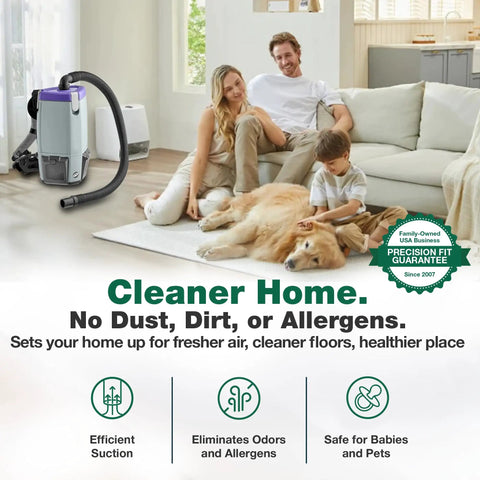 Family sitting on floor with dog next to vacuum promoting cleaner home using Static Dissipating Backpack Vacuum Hose With One And A Half Inch Cuffs Replacement For ProTeam Super Coach Vac Mode 6 And Other Models Part 103048 1 Pack Built To Last Seamless Fit High Quality Vacuum Accessory
