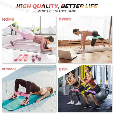 Heavy Medium Light Fabric Resistance Bands Three Set For Working Out Pilates And Yoga Home Gym Training Glute Activation And Leg Workouts Non Slip Roll Free Fitness Bands in use at home and gym environments.