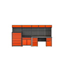 Rock Solid Cold Rolled Steel Tool Storage Cabinet And Heavy Duty Workbench featuring a large orange and black tool organization system.